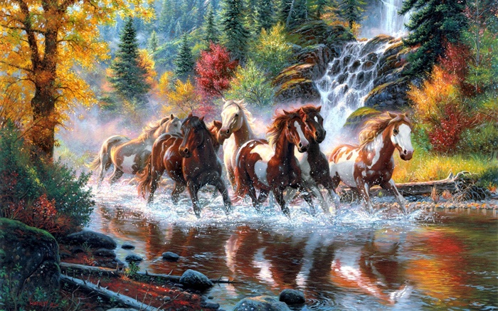 Horses, river, waterfall, forest, autumn, trees, art painting Wallpapers Pictures Photos Images