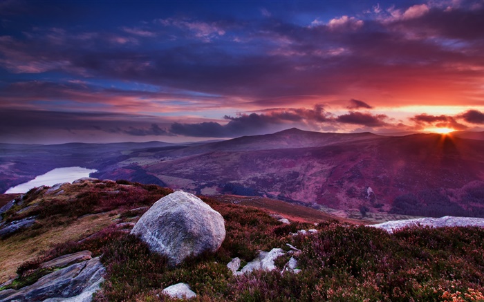 Ireland, mountain, rocks, flowers, grass, clouds, sunset Wallpapers Pictures Photos Images