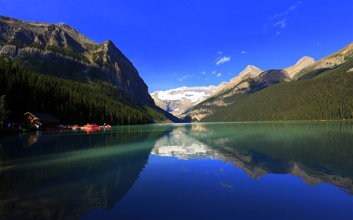 Lake Louise, Banff National Park, Alberta, Canada, mountains, forest, house, boat Wallpapers Pictures Photos Images