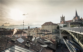 Lausanne, Switzerland, houses, train, sun HD wallpaper