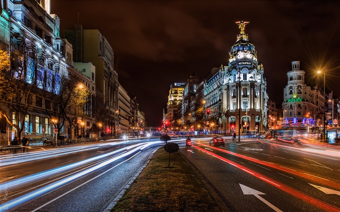 Madrid, Spain, city night, lights, houses, buildings, road Wallpapers Pictures Photos Images