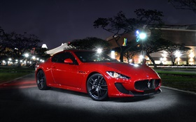 Maserati GranTurismo red supercar, night, lights HD wallpaper