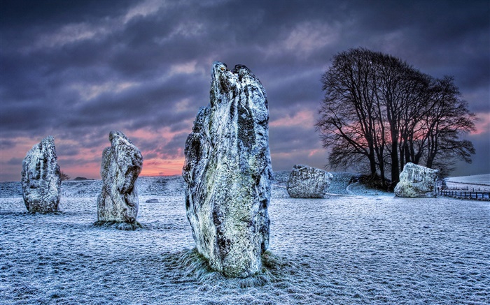 Megalith, stones, trees, snow, clouds, winter Wallpapers Pictures Photos Images