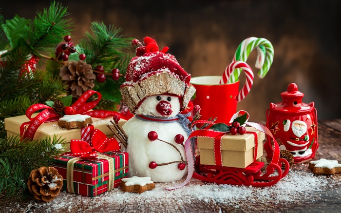 Merry Christmas, New Year, decoration, snowman, cup, candy, gifts Wallpapers Pictures Photos Images