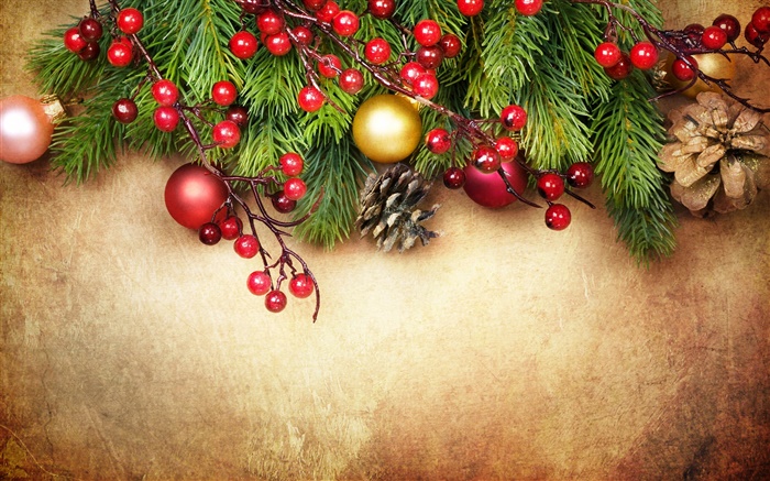 Merry Christmas, decoration, pine twigs, berries, balls Wallpapers Pictures Photos Images