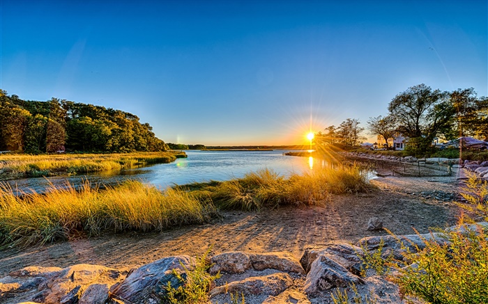 New York, USA, Long Island, sunset, river, grass, trees, house Wallpapers Pictures Photos Images
