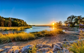 New York, USA, Long Island, sunset, river, grass, trees, house HD wallpaper