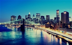 New York, USA, night, city lights, skyscrapers, bay