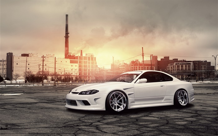 Nissan Silvia S15 white car at sunset Wallpapers Pictures Photos Images