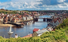 North Yorkshire, England, river, bridge, boat, house HD wallpaper