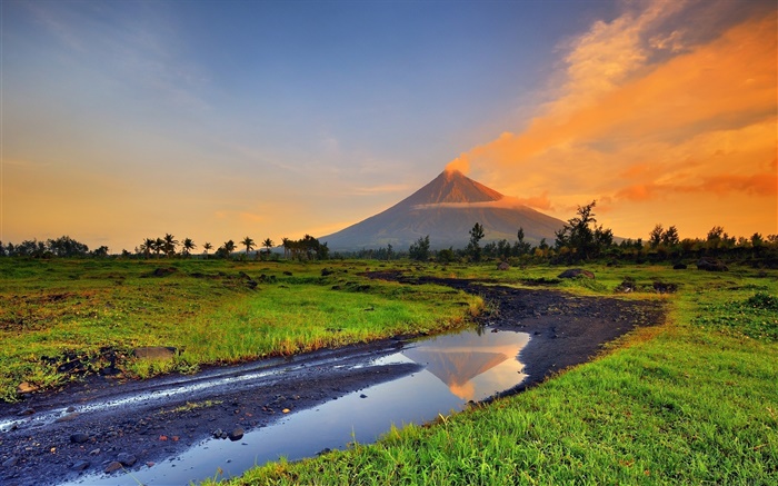 Philippines, Mayon, volcano, mountains, grass, creek Wallpapers Pictures Photos Images