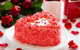 Pink rose flowers, cake, petals