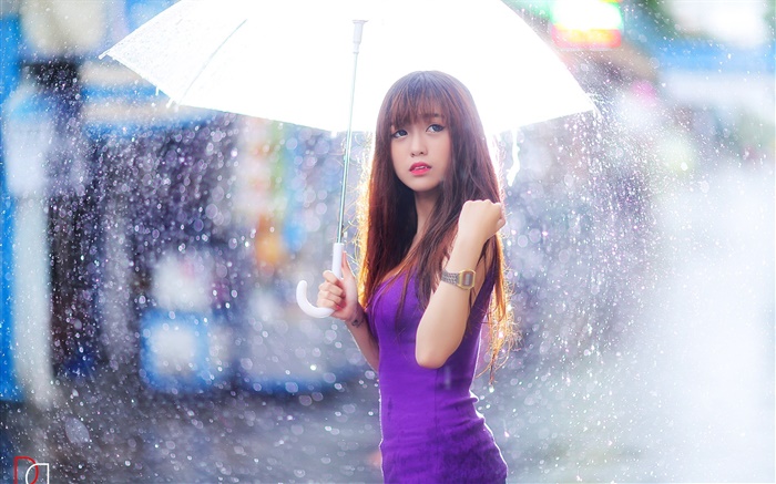 Purple dress Asian girl, umbrella, rain Wallpapers Pictures Photos Images