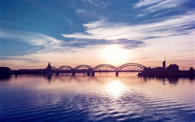 River, bridge, clouds, ripples, city, sunset HD wallpaper