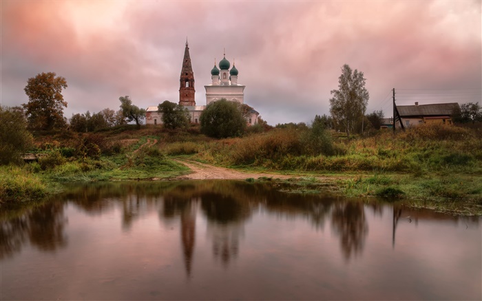 Russia, temple, village, pond, grass, trees, clouds Wallpapers Pictures Photos Images