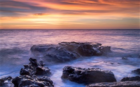 Sea, coast, water, rocks, sunset HD wallpaper