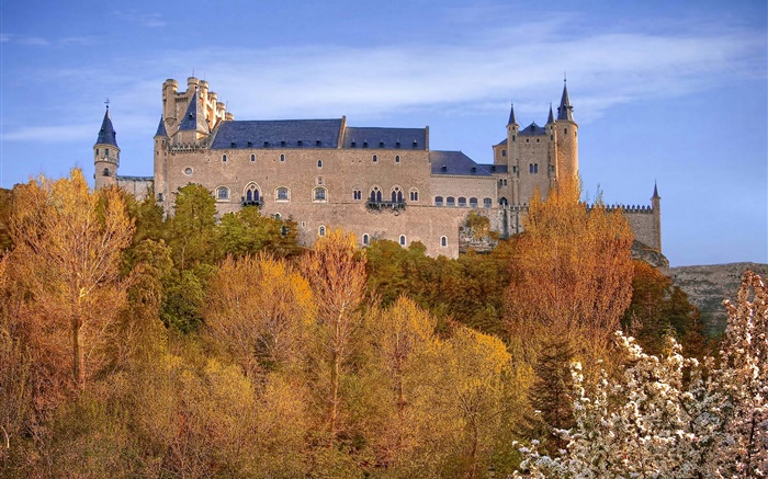 Spain, Segovia Alcazar, Palace, trees, sky, autumn Wallpapers Pictures Photos Images