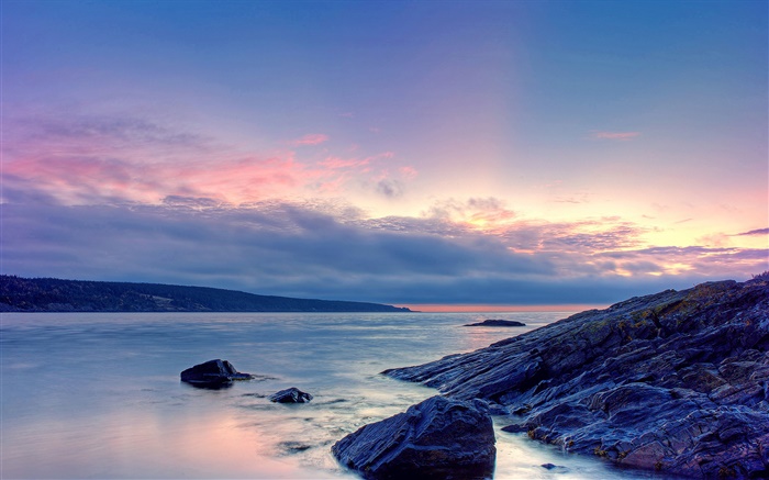 Sunset, sea, shore, rocks, sky, clouds Wallpapers Pictures Photos Images