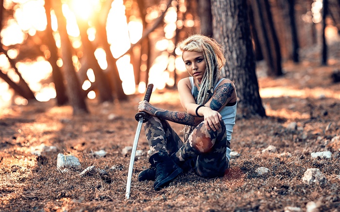 Tattoo girl, sword, weapon, trees Wallpapers Pictures Photos Images