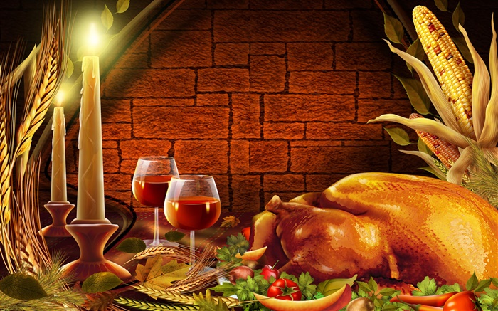 Thanksgiving, chicken, candles, wine glasses Wallpapers Pictures Photos Images