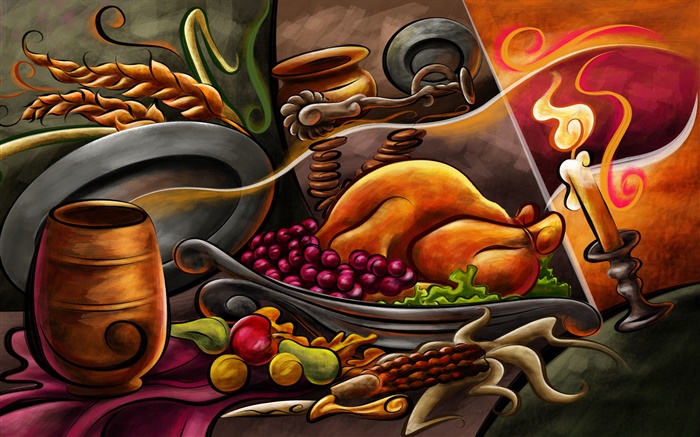 Thanksgiving theme painting, chicken, fruit, candles Wallpapers Pictures Photos Images