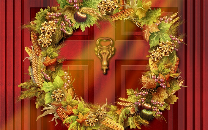 Thanksgiving theme painting, doors, wreaths, vegetables, fruits Wallpapers Pictures Photos Images