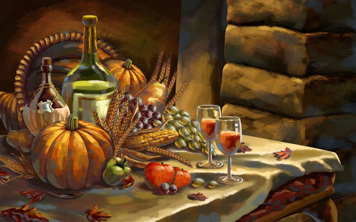 Thanksgiving, watercolor, pumpkin, grapes, wine, apples, wheat Wallpapers Pictures Photos Images