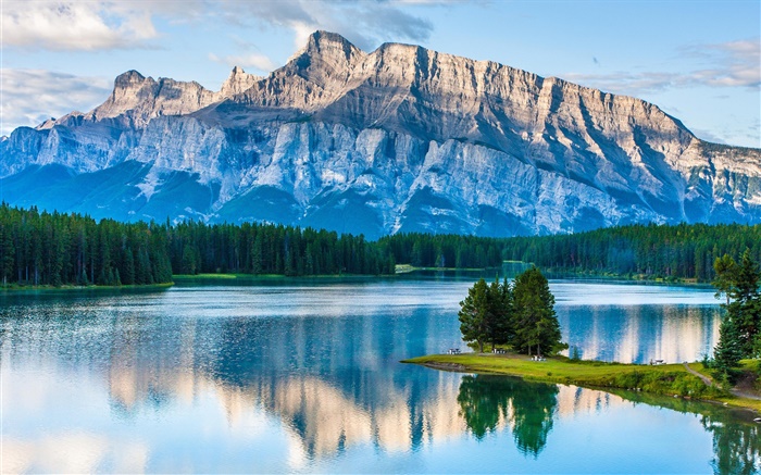 Two Jack Lake, Banff National Park, Alberta, Canada, mountains, trees Wallpapers Pictures Photos Images