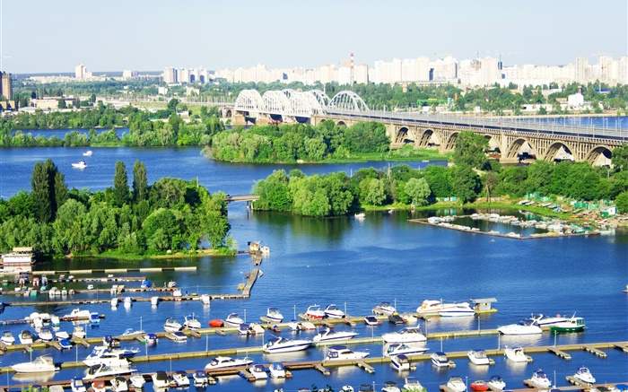 Ukraine, city, river, bridge, pier, boats, trees Wallpapers Pictures Photos Images