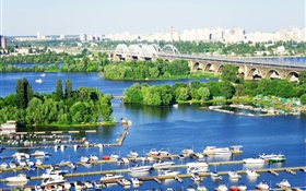 Ukraine, city, river, bridge, pier, boats, trees HD wallpaper