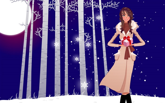 Vector illustration, girl, winter, snow, trees, gifts Wallpapers Pictures Photos Images