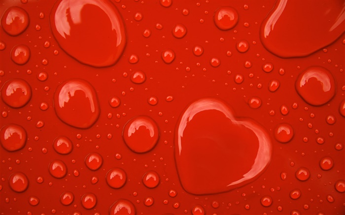 Water drops, love hearts, red background Wallpapers Pictures Photos Images