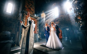 Wedding, groom, bride, Church, light