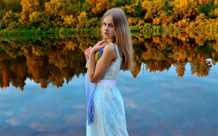 White dress girl, blonde, eyes, lake, forest, water reflection Wallpapers Pictures Photos Images