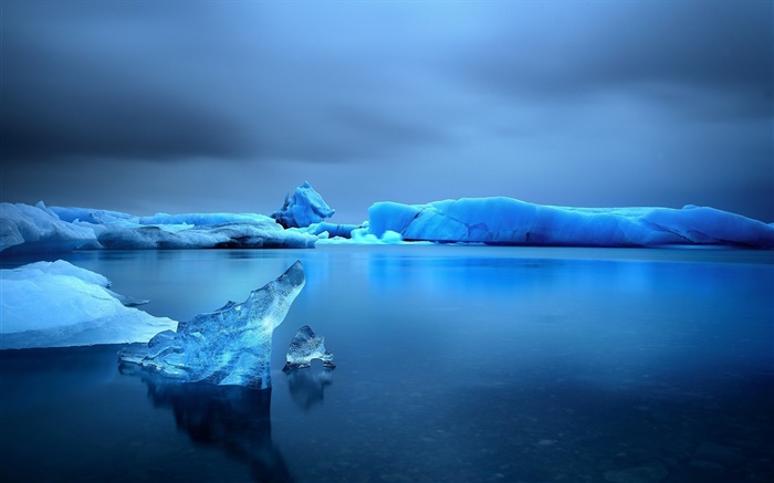 Winter, snow, ice, lake, water, twilight, blue Wallpapers Pictures Photos Images