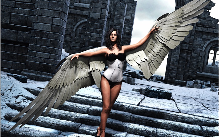 Art rendering, fantasy girl, angel, wings, stairs Wallpapers Pictures Photos Images