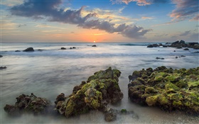Aruba, Caribbean, Arashi Bay, stones, sea, coast, sunset, clouds