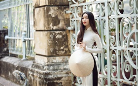 Asian girl, white dress, long hair, fence HD wallpaper