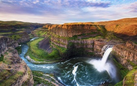 Beautiful landscape, canyon, cliff, river, waterfall, clouds, rocks HD wallpaper