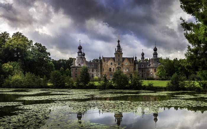 Belgium, Ooidonk Castle, pond, trees, clouds, dusk Wallpapers Pictures Photos Images