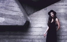 Black dress girl, hat, wall HD wallpaper
