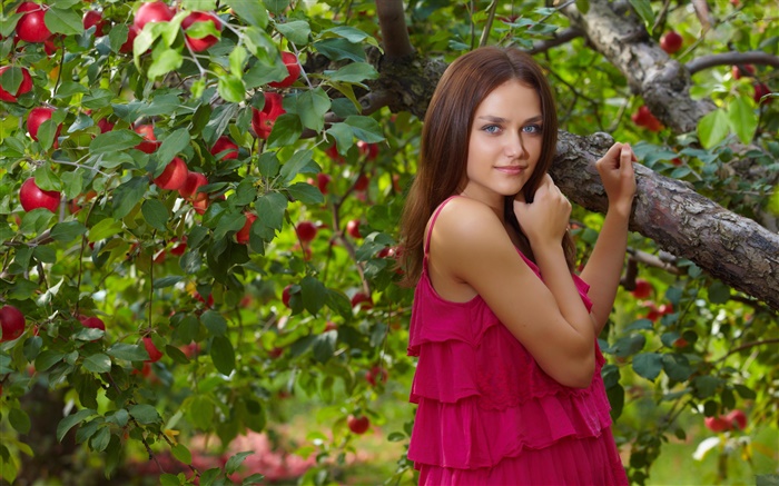 Blue eyes girl, red dress, apple tree, red apples Wallpapers Pictures Photos Images