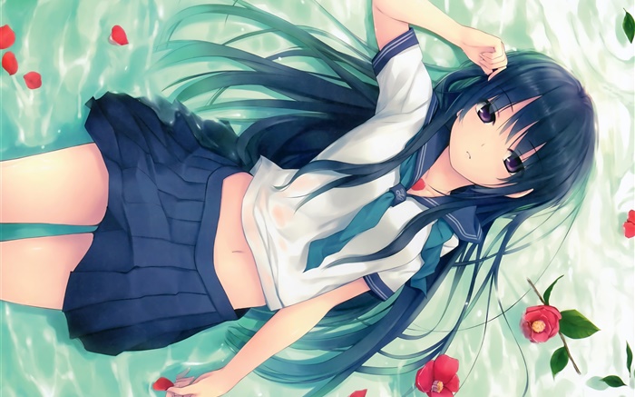 Blue hair anime girl, pose, lying grass, flowers Wallpapers Pictures Photos Images