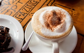 Cappuccino coffee, foam, chocolate, drink, cup, saucer HD wallpaper