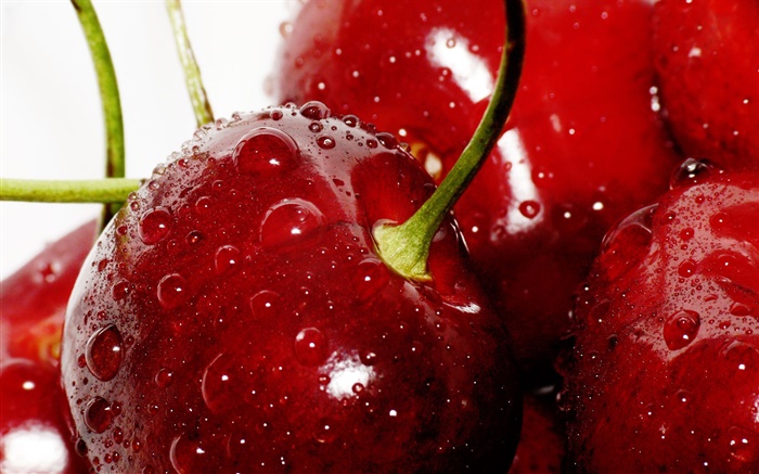 Cherry close-up, red, water drops Wallpapers Pictures Photos Images