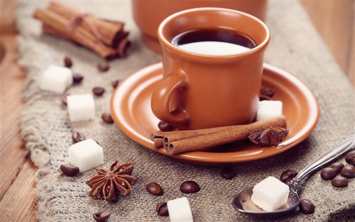 Coffee beans, cup, anise, cinnamon, sugar Wallpapers Pictures Photos Images