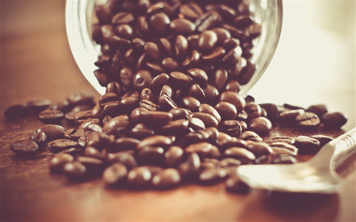Coffee beans, spoon, drink, glass cup Wallpapers Pictures Photos Images