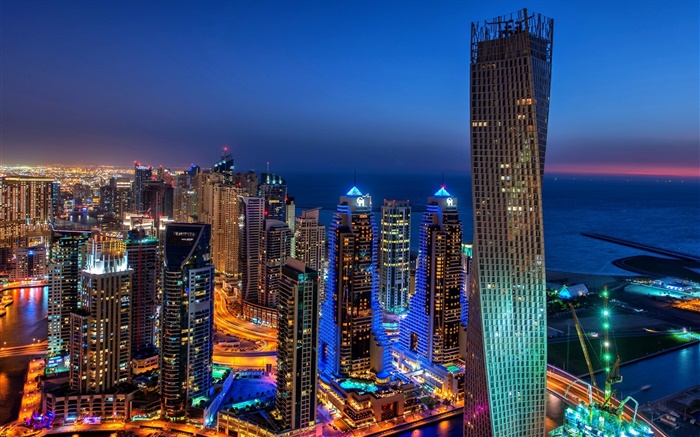 Dubai, UAE, city, evening, lights, skyscrapers Wallpapers Pictures Photos Images