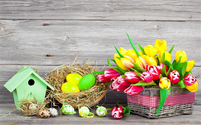 Easter, colorful eggs, tulips flowers Wallpapers Pictures Photos Images