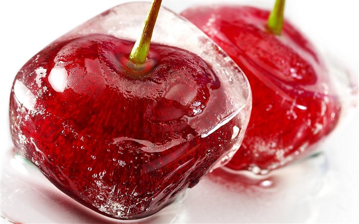 Frozen cherry, ice, water, red fruit Wallpapers Pictures Photos Images
